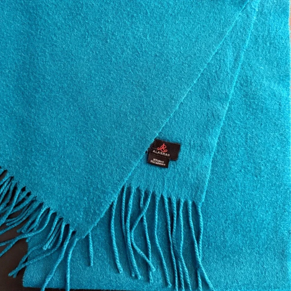 Vintage Alashan Blue Wool Cashmere Fringe Scarf Solid Winter Accessory
